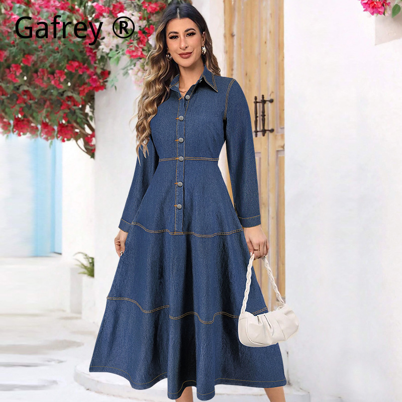 Belted Shirt Dress - Nieuwe mode denim jeans shirtjurk lange