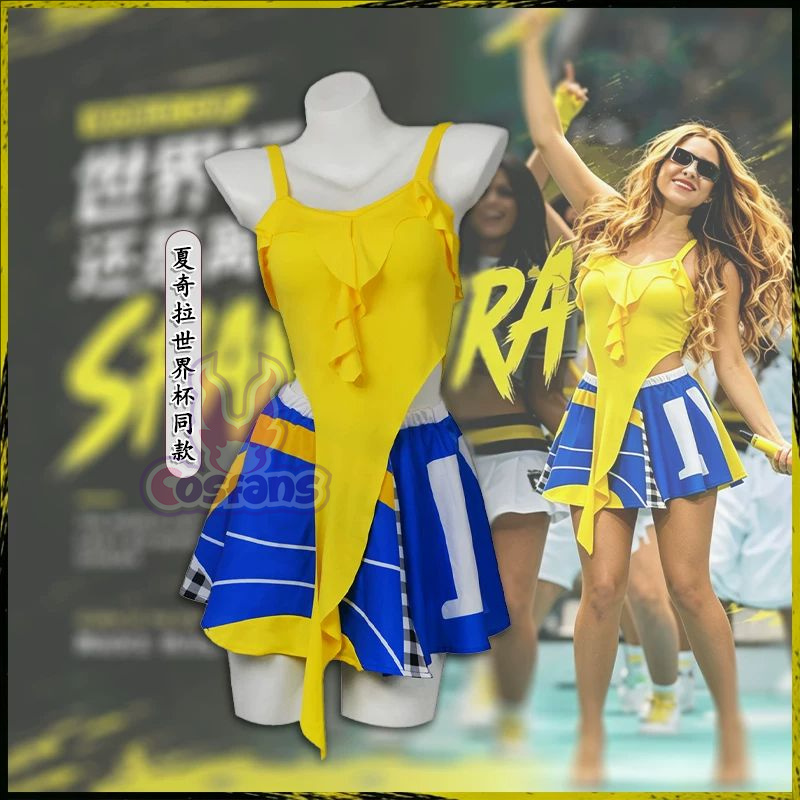 Pleated Skirt Women - Sexy cheerleaderkostuum, kort geel topje, blauwe