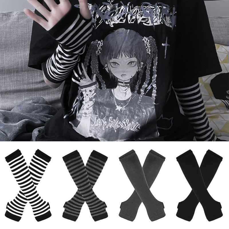 Women'S Fashion Gloves - Vrouwen Lange Mouw Gothic Gestreepte Vingerloze